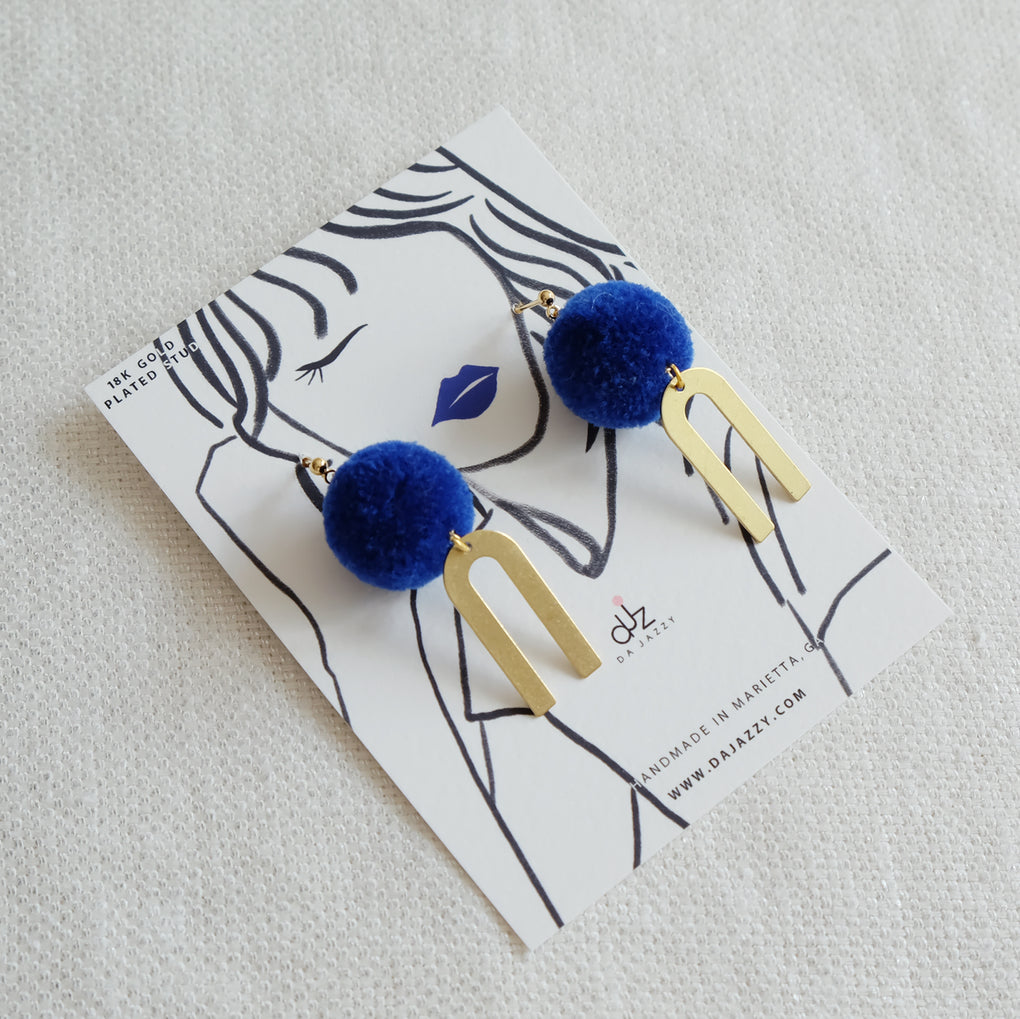 NAVY POMPOM GOLD RAINBOW 18K EARRINGS STUDS