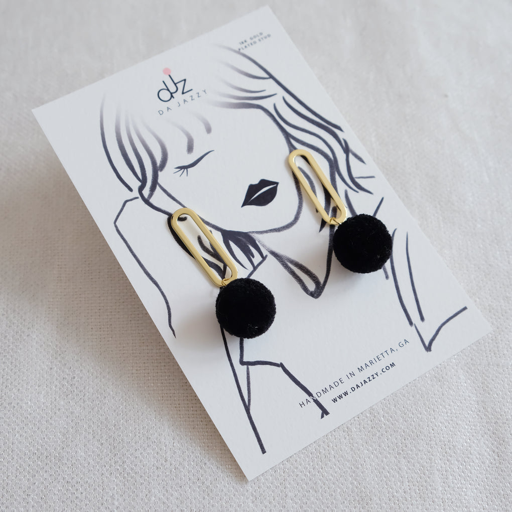 FLOWER BUDS BLACK POMPOM 18K GOLD-PLATED DROP EARRINGS