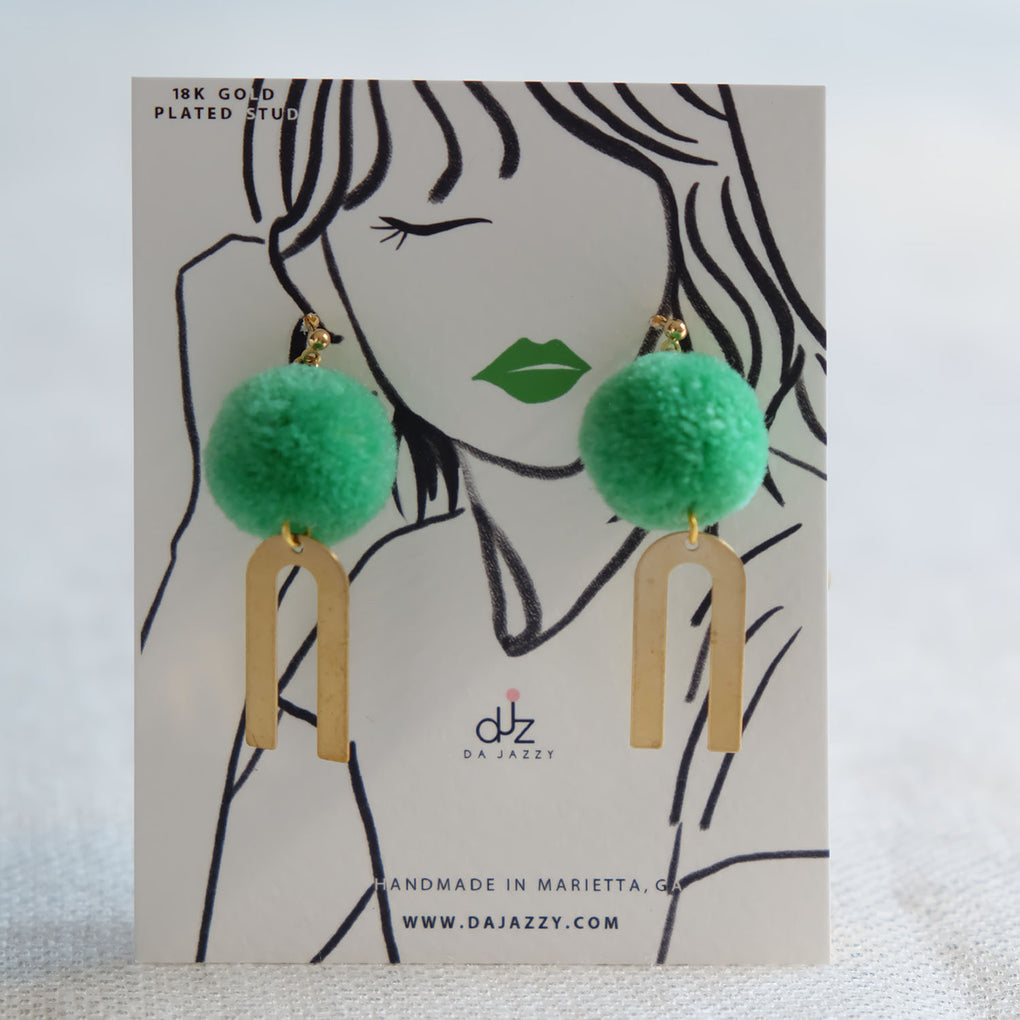 GREEN POMPOM GOLD RAINBOW EARRINGS STUDS