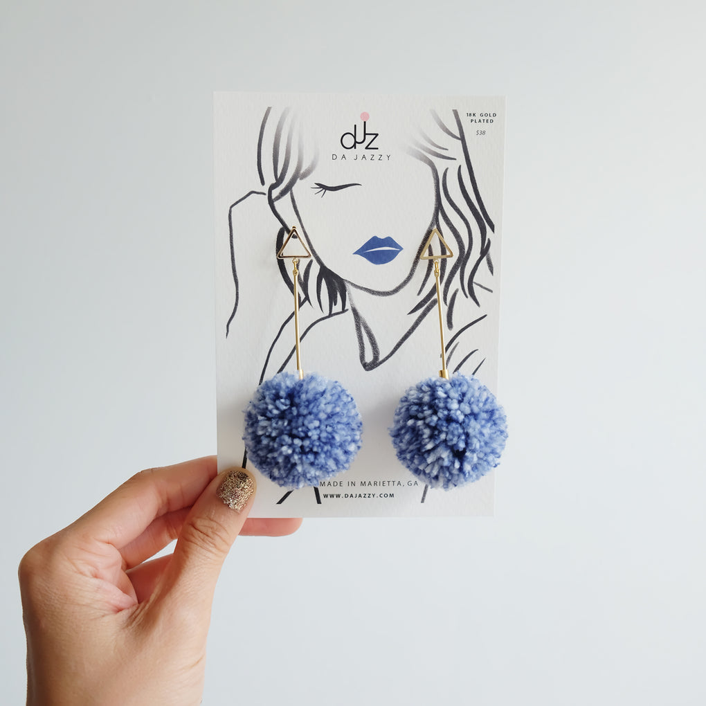 SHIBORI NAVY WHITE LARGE POMPOM 18K GOLD-PLATED DROP EARRINGS