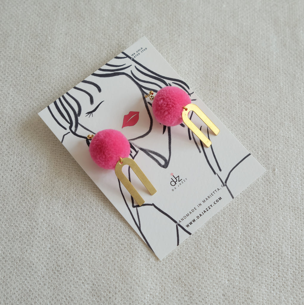 HOT PINK POMPOM GOLD RAINBOW EARRINGS STUDS