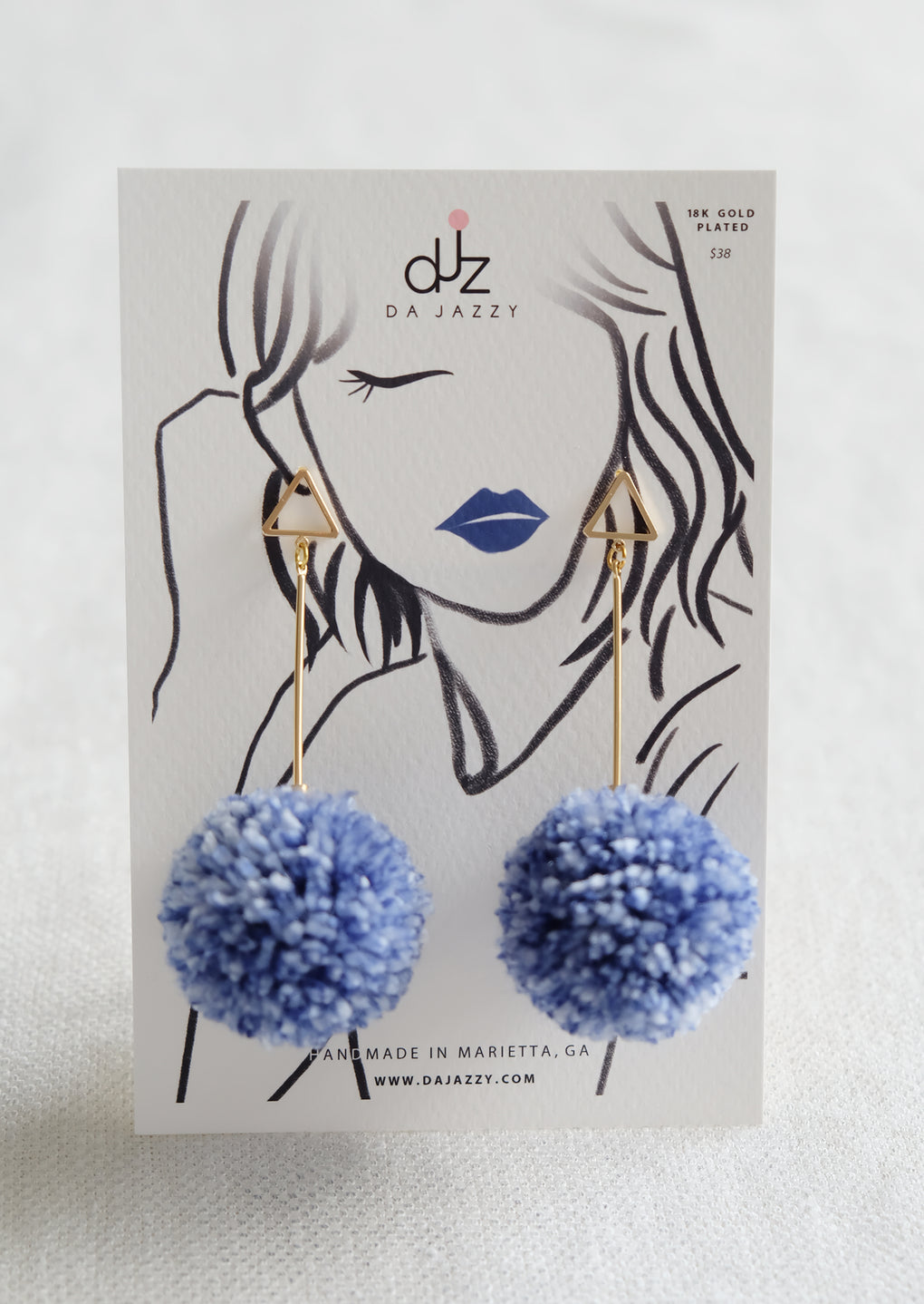 SHIBORI NAVY WHITE LARGE POMPOM 18K GOLD-PLATED DROP EARRINGS