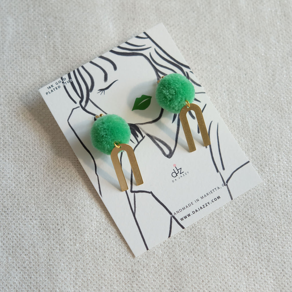 GREEN POMPOM GOLD RAINBOW EARRINGS STUDS