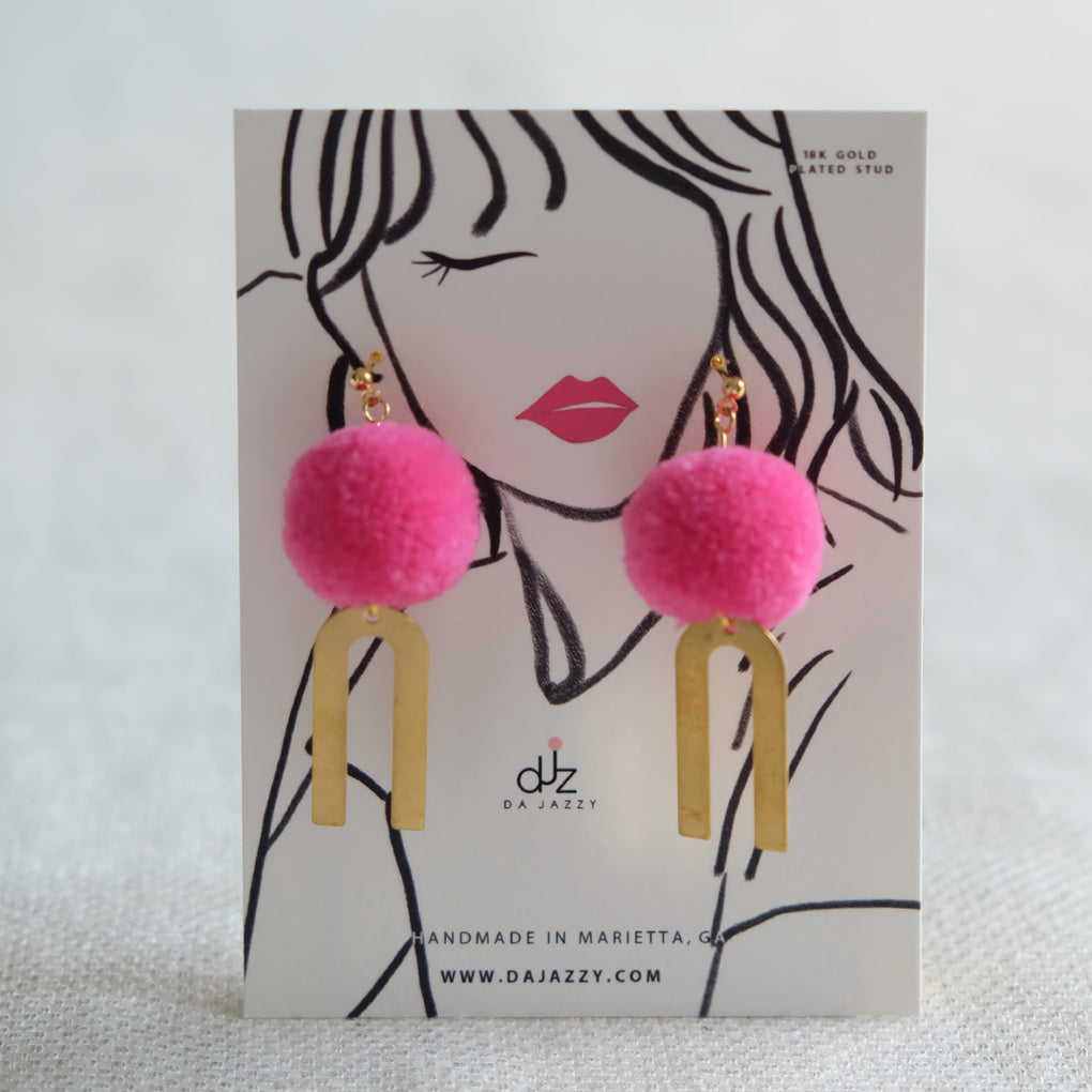 HOT PINK POMPOM GOLD RAINBOW EARRINGS STUDS