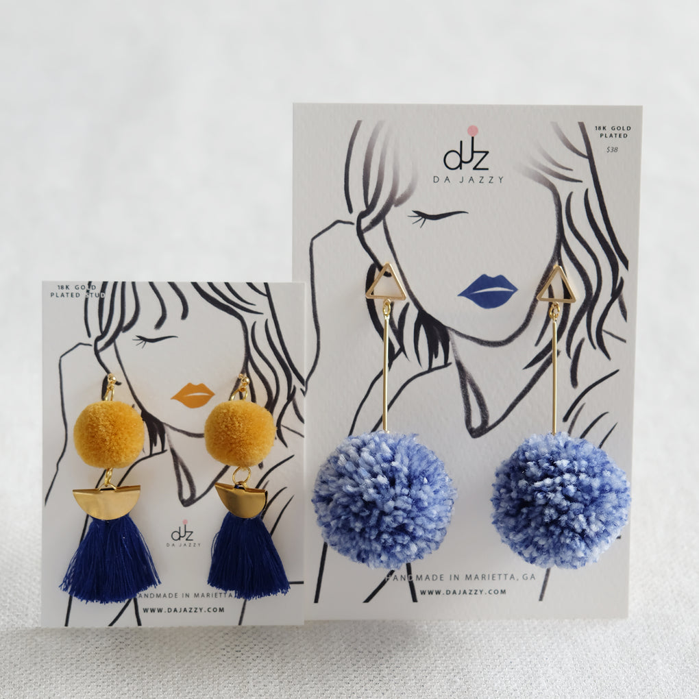 SHIBORI NAVY WHITE LARGE POMPOM 18K GOLD-PLATED DROP EARRINGS