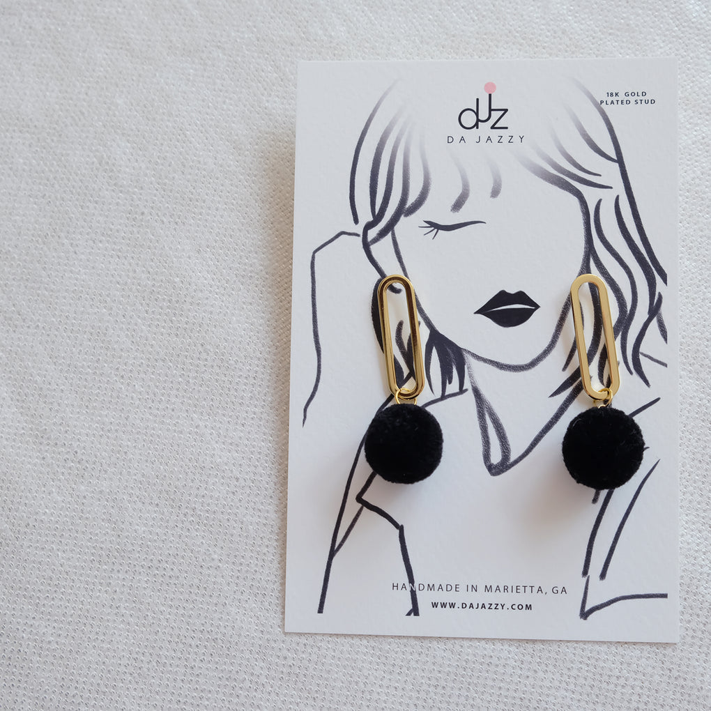 FLOWER BUDS BLACK POMPOM 18K GOLD-PLATED DROP EARRINGS