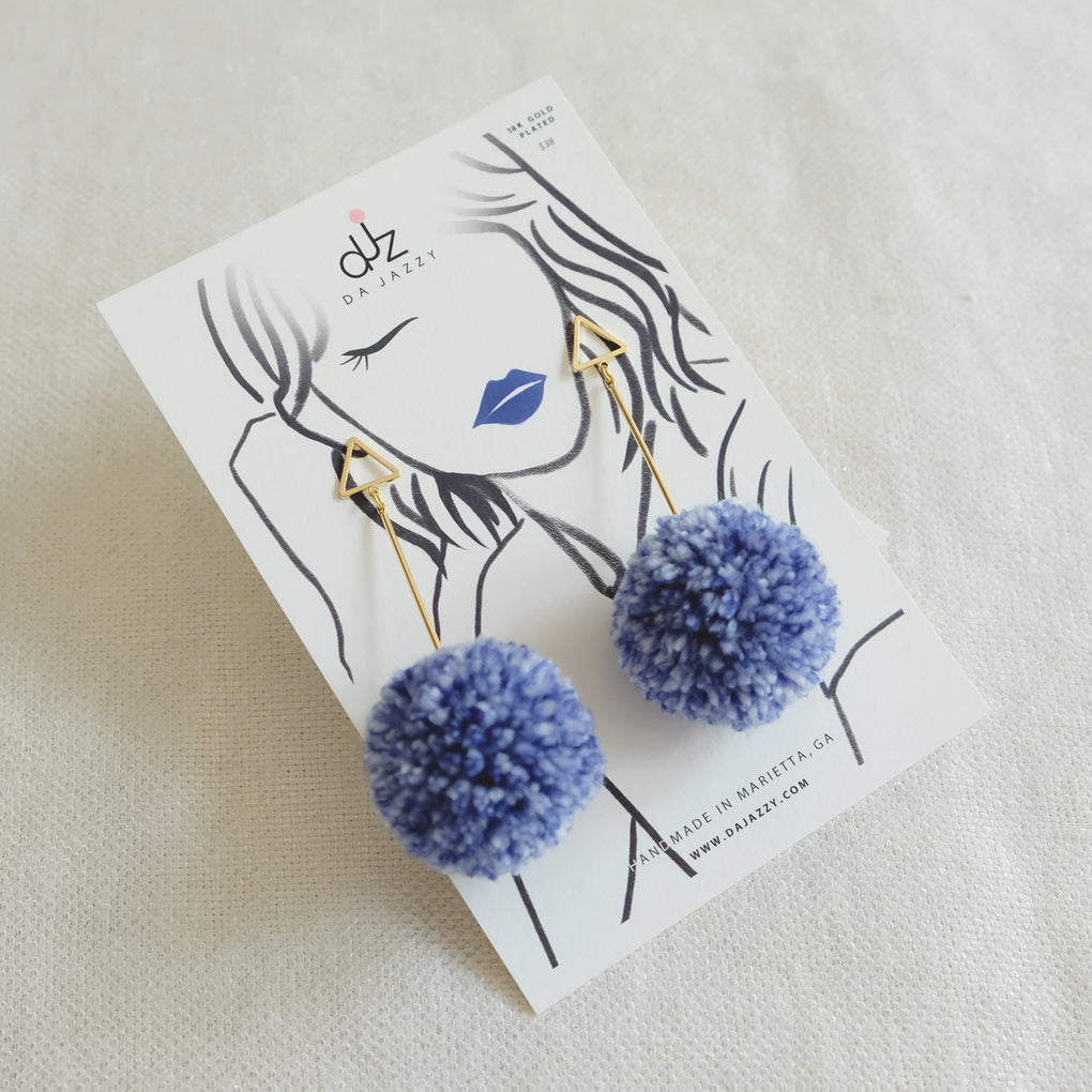 SHIBORI NAVY WHITE LARGE POMPOM 18K GOLD-PLATED DROP EARRINGS