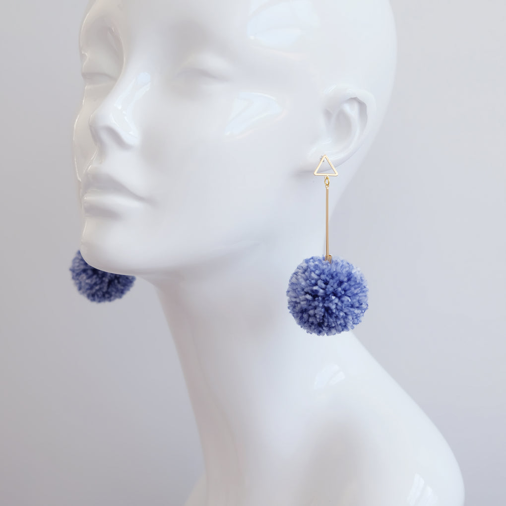 SHIBORI NAVY WHITE LARGE POMPOM 18K GOLD-PLATED DROP EARRINGS