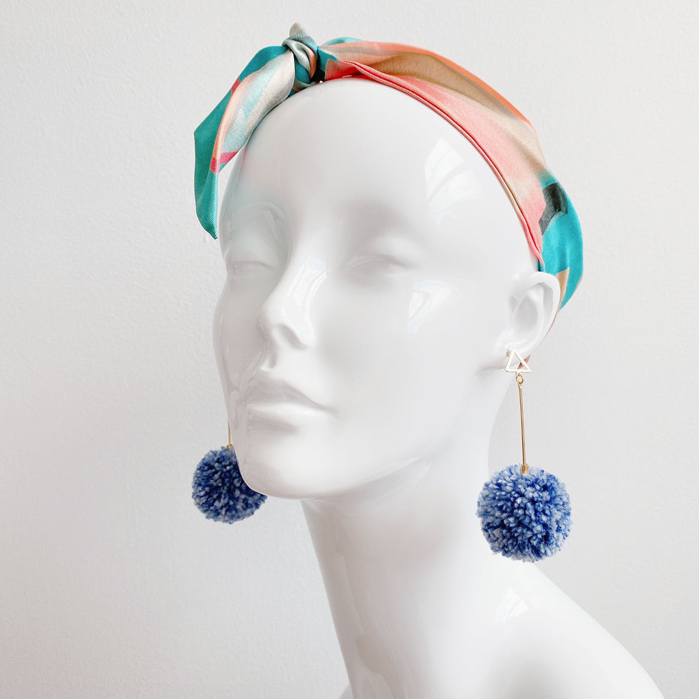 SHIBORI NAVY WHITE LARGE POMPOM 18K GOLD-PLATED DROP EARRINGS