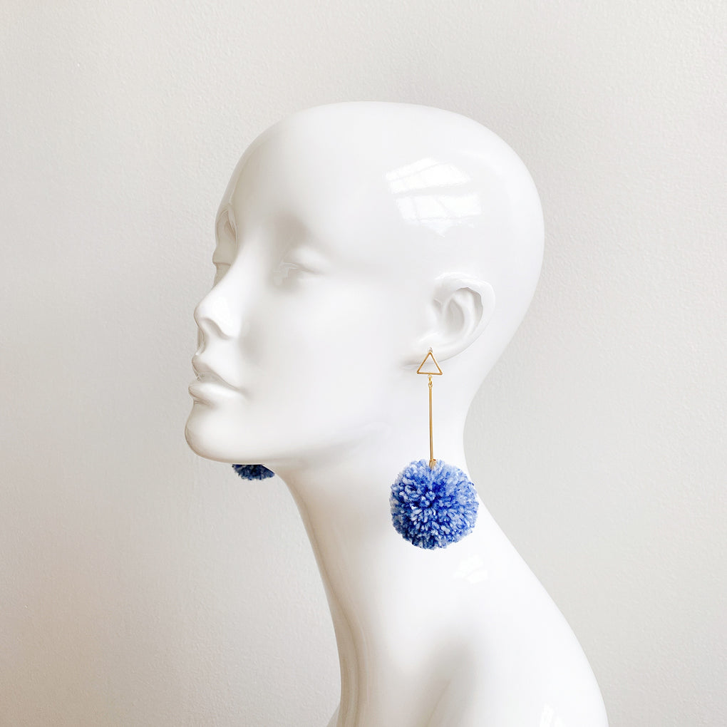 SHIBORI NAVY WHITE LARGE POMPOM 18K GOLD-PLATED DROP EARRINGS