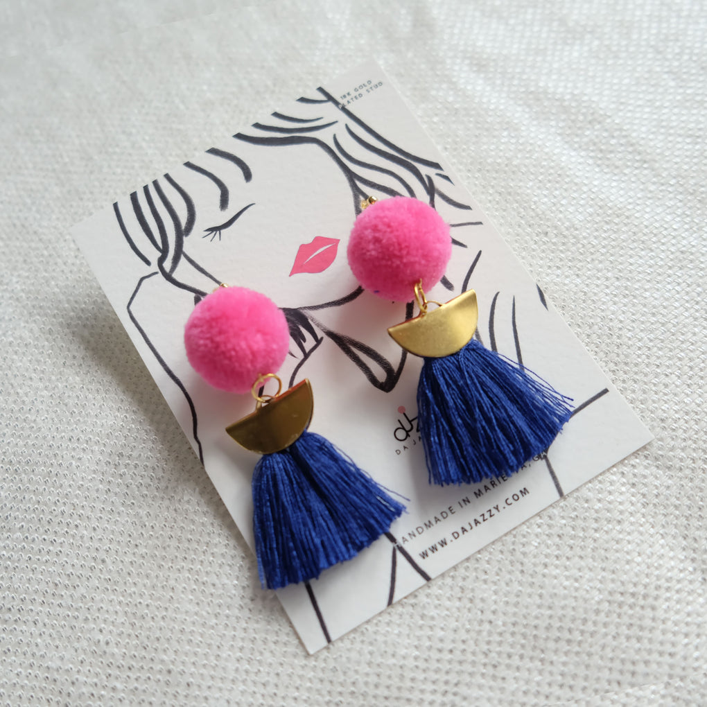THE PINK MOON POMPOM NAVY BLUE TASSEL 18K EARRINGS STUDS