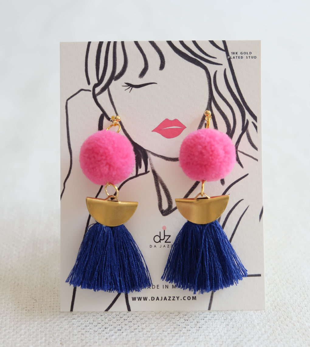 THE PINK MOON POMPOM NAVY BLUE TASSEL 18K EARRINGS STUDS