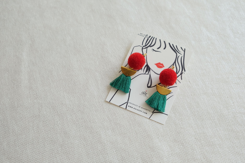 THE RED CHERRY POMPOM GREEN TASSEL DROP EARRINGS