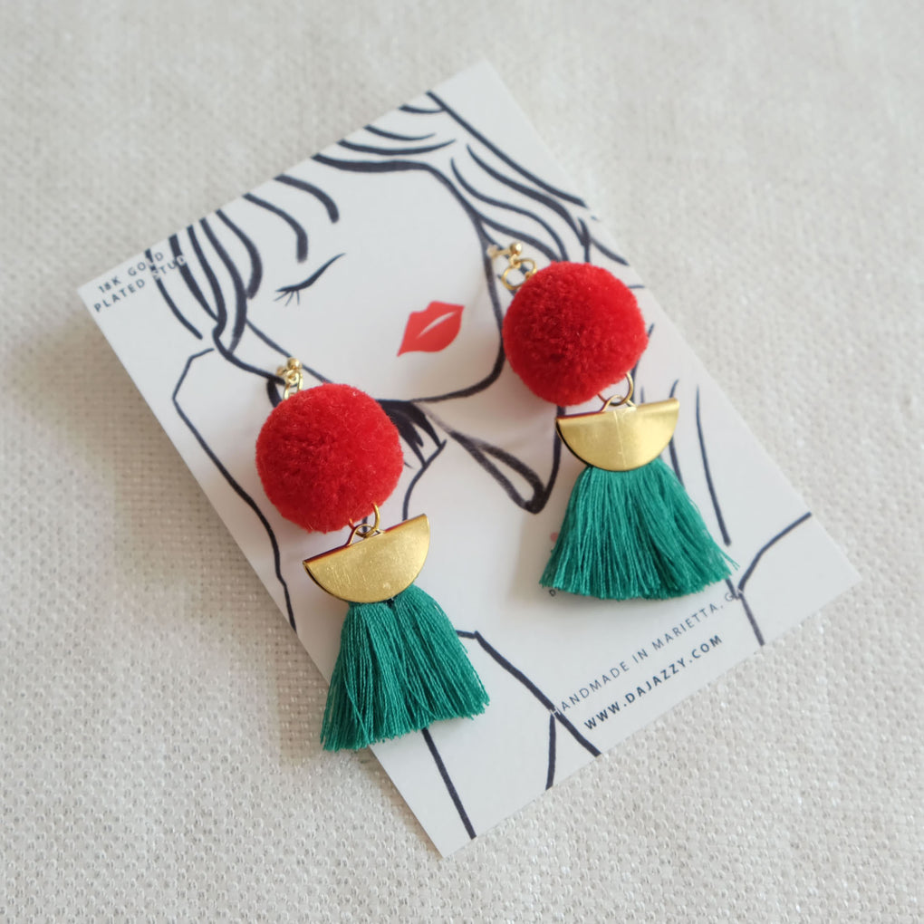THE RED CHERRY POMPOM GREEN TASSEL DROP EARRINGS