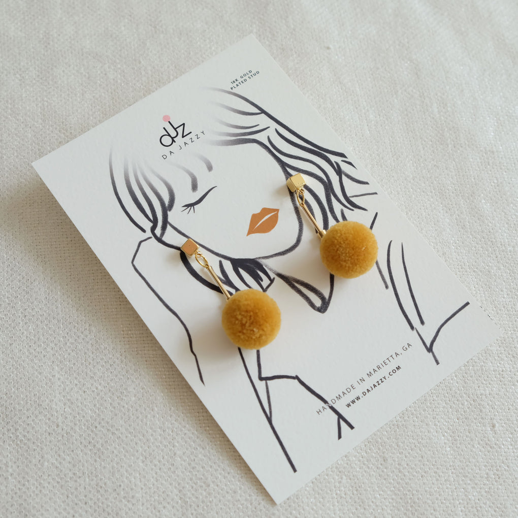 MUSTARD POMPOM 18K GOLD PLATED DROP EARRINGS