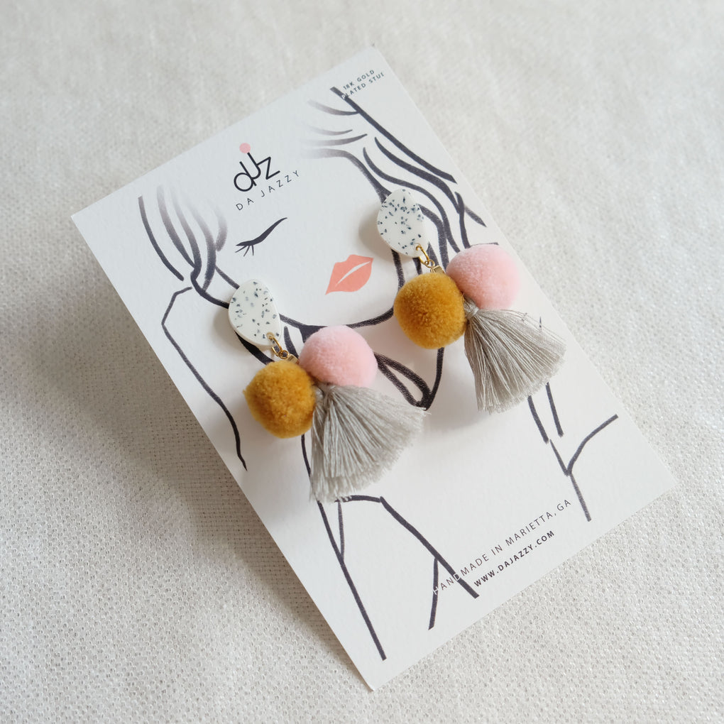 THE PASTEL MOOD POMPOM TASSEL STATEMENT EARRINGS