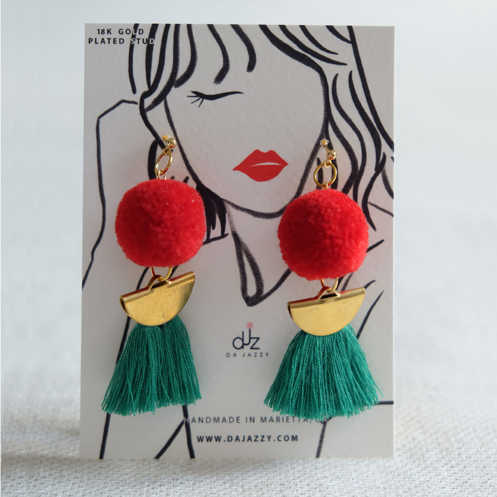 THE RED CHERRY POMPOM GREEN TASSEL DROP EARRINGS