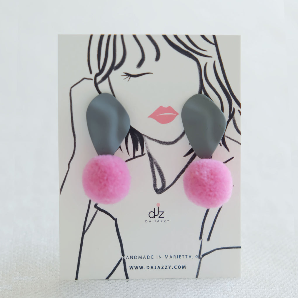 RAIN BRUSH STROKES SWEET PINK POMPOM GRAY STUD EARRINGS