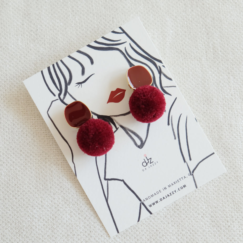 THE MIRRORS DEEP RED POMPOM STUD EARRINGS