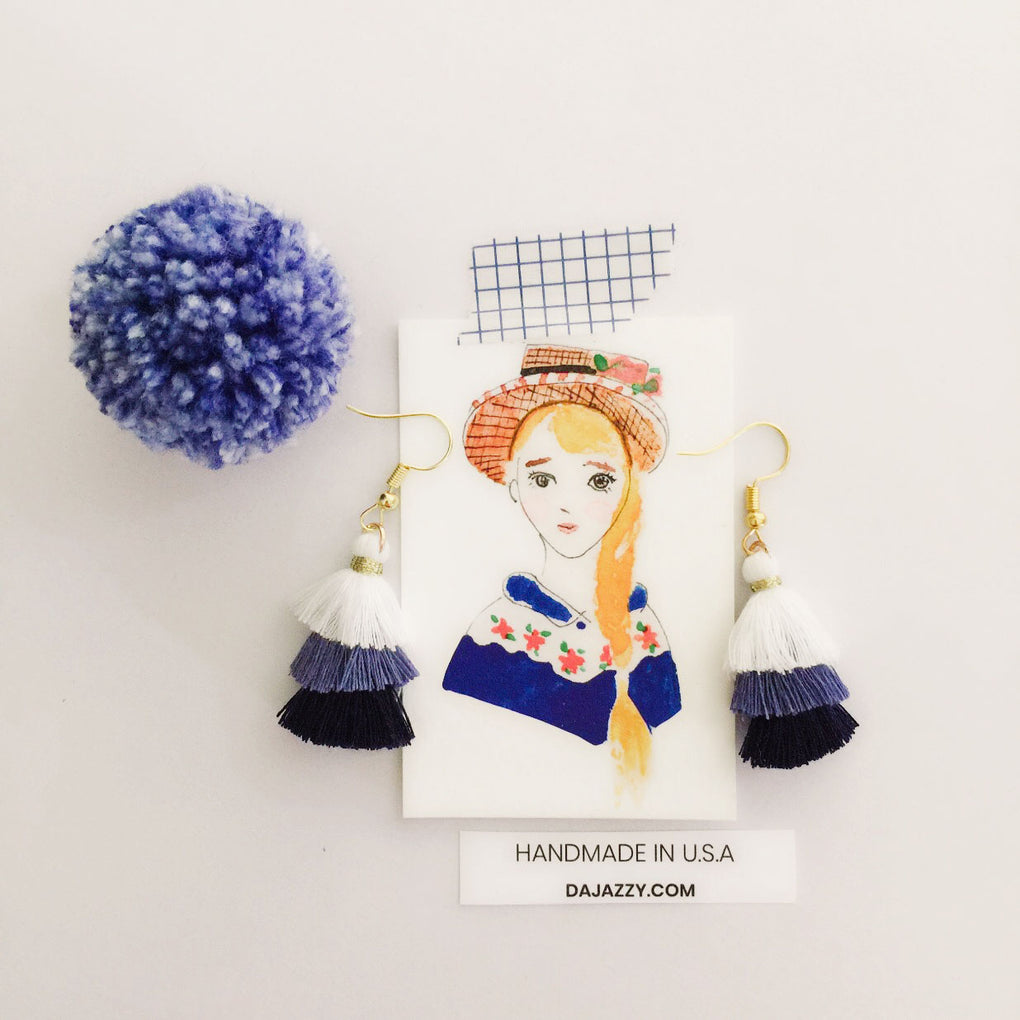 INDIGO NAVY WHITE MINI TASSEL EARRINGS