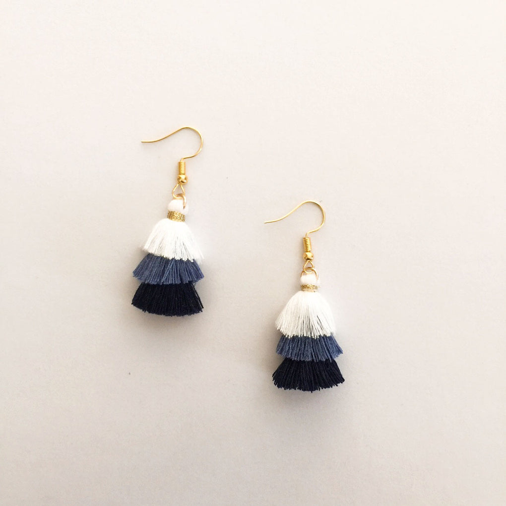 INDIGO NAVY WHITE MINI TASSEL EARRINGS