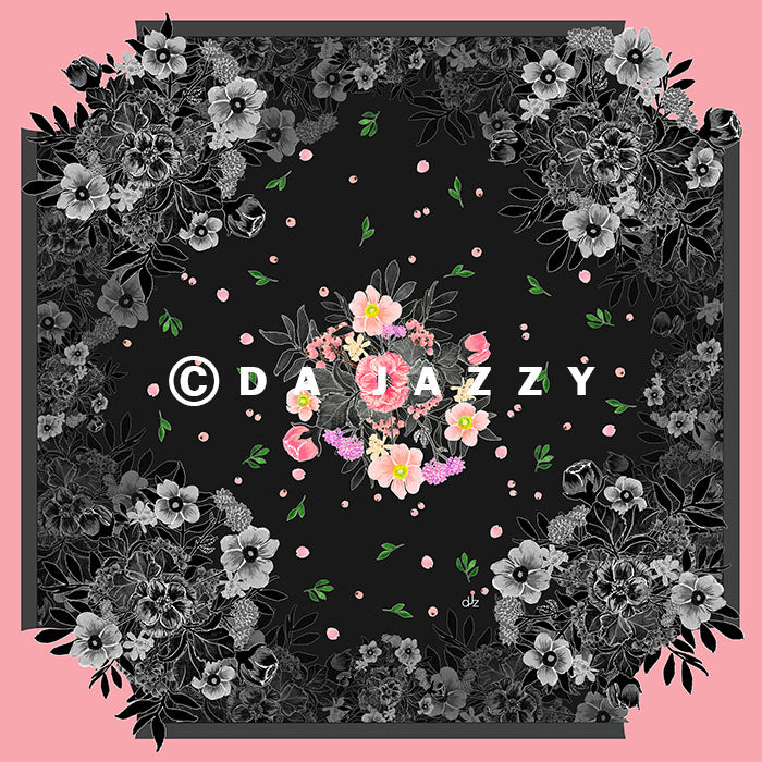 PINK BOUQUET OF FLOWERS BLACK SILK SQUARE SCARF