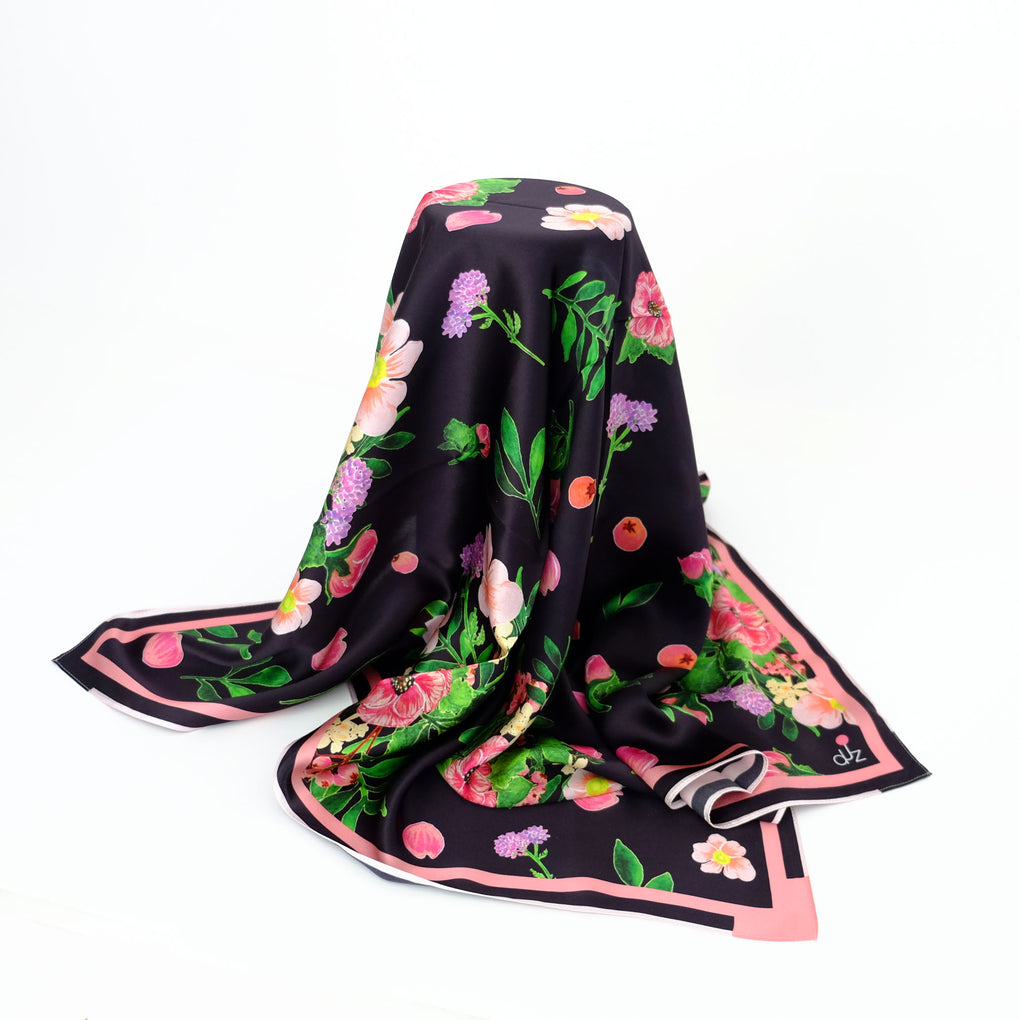 BOUQUET OF FLOWERS BLACK SQUARE SILK SCARF