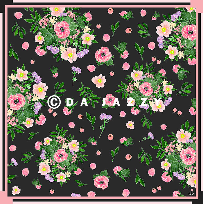 BOUQUET OF FLOWERS BLACK SQUARE SILK SCARF