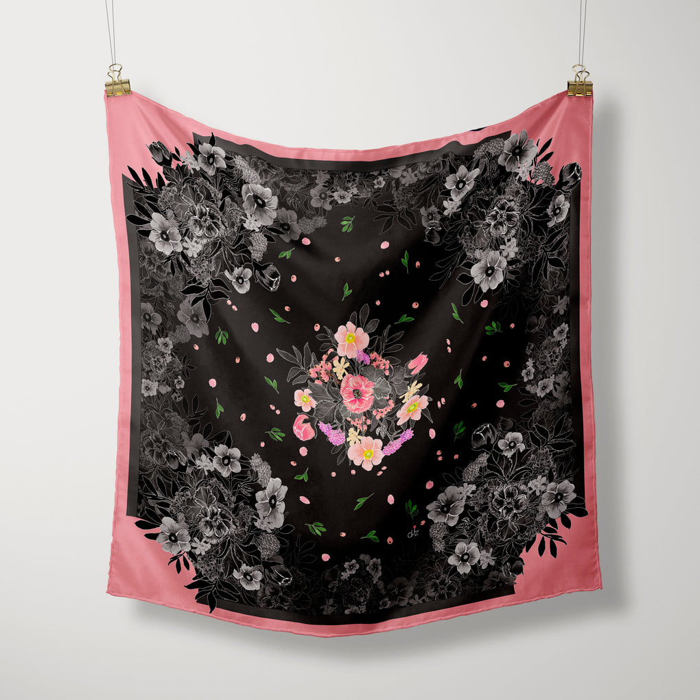 PINK BOUQUET OF FLOWERS BLACK SILK SQUARE SCARF