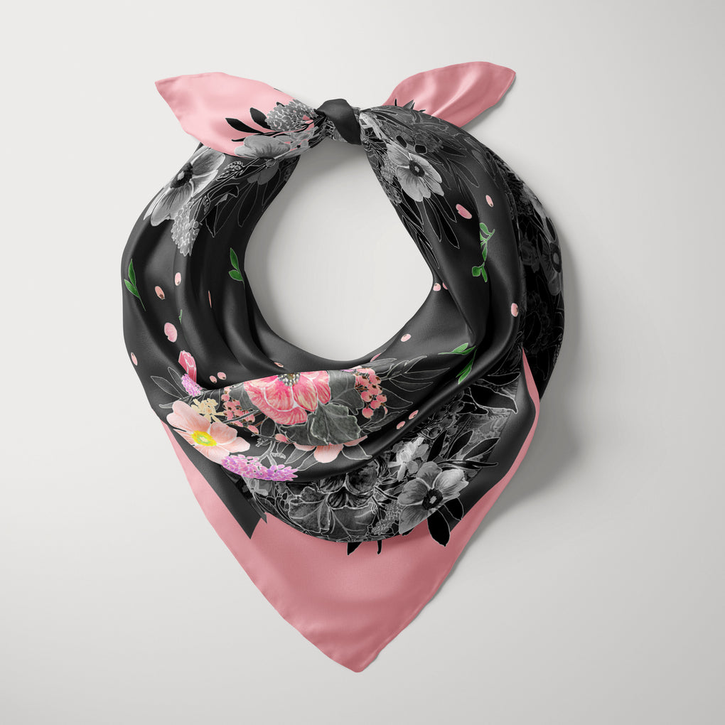PINK BOUQUET OF FLOWERS BLACK SILK SQUARE SCARF