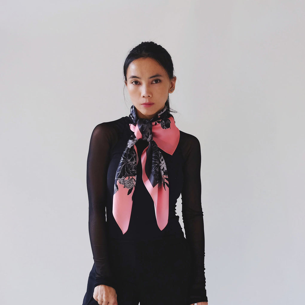 PINK BOUQUET OF FLOWERS BLACK SILK SQUARE SCARF