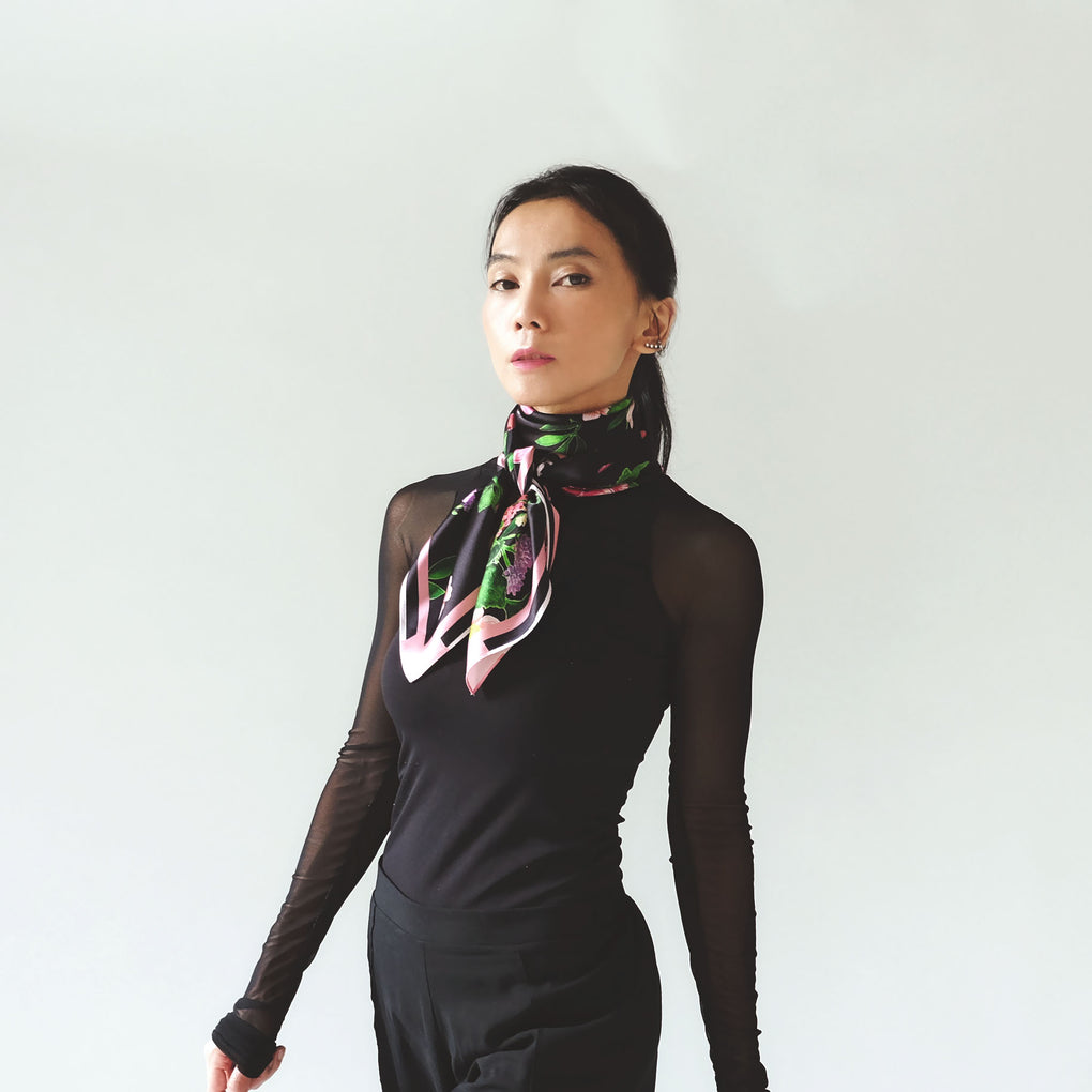 BOUQUET OF FLOWERS BLACK SQUARE SILK SCARF