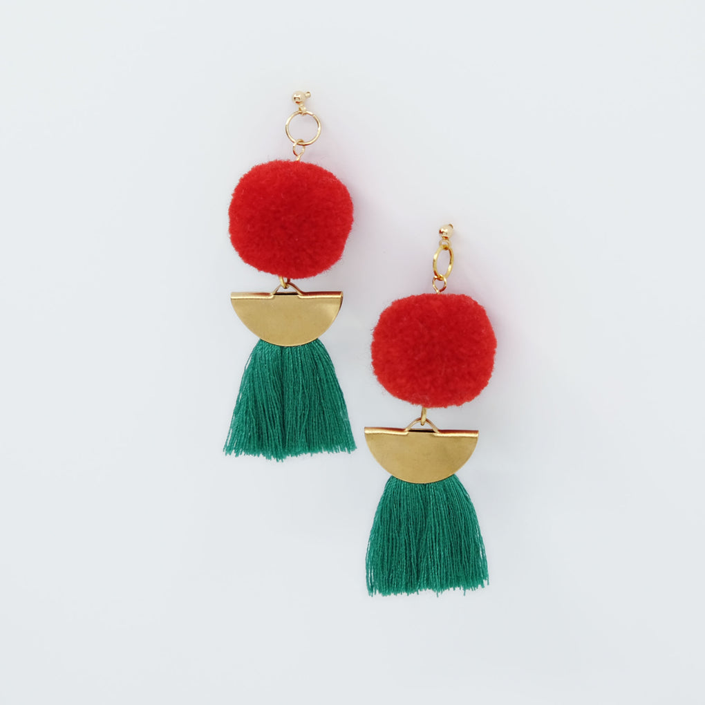 THE RED CHERRY POMPOM GREEN TASSEL DROP EARRINGS