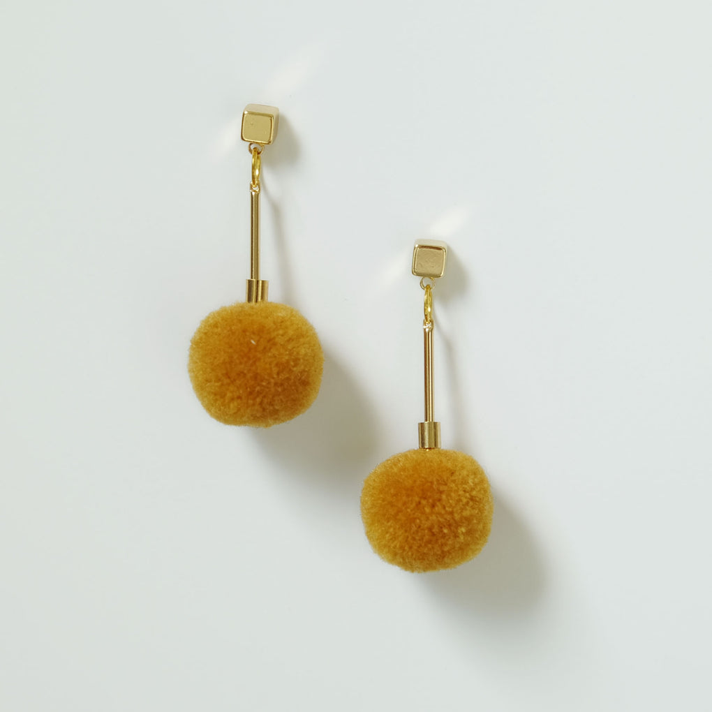 MUSTARD POMPOM 18K GOLD PLATED DROP EARRINGS
