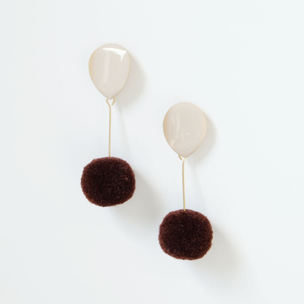 BROWN POMPOM WHITE DROP EARRINGS