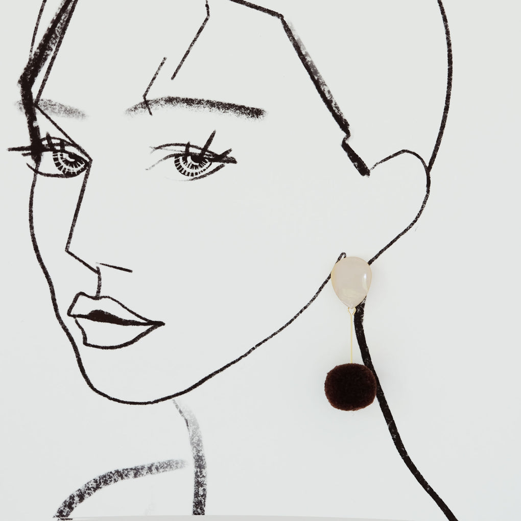BROWN POMPOM WHITE DROP EARRINGS
