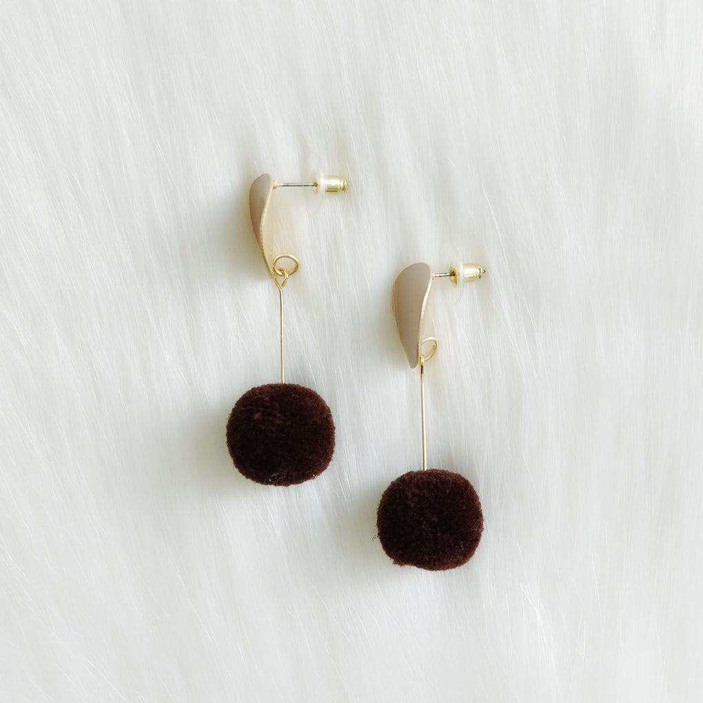 BROWN POMPOM WHITE DROP EARRINGS