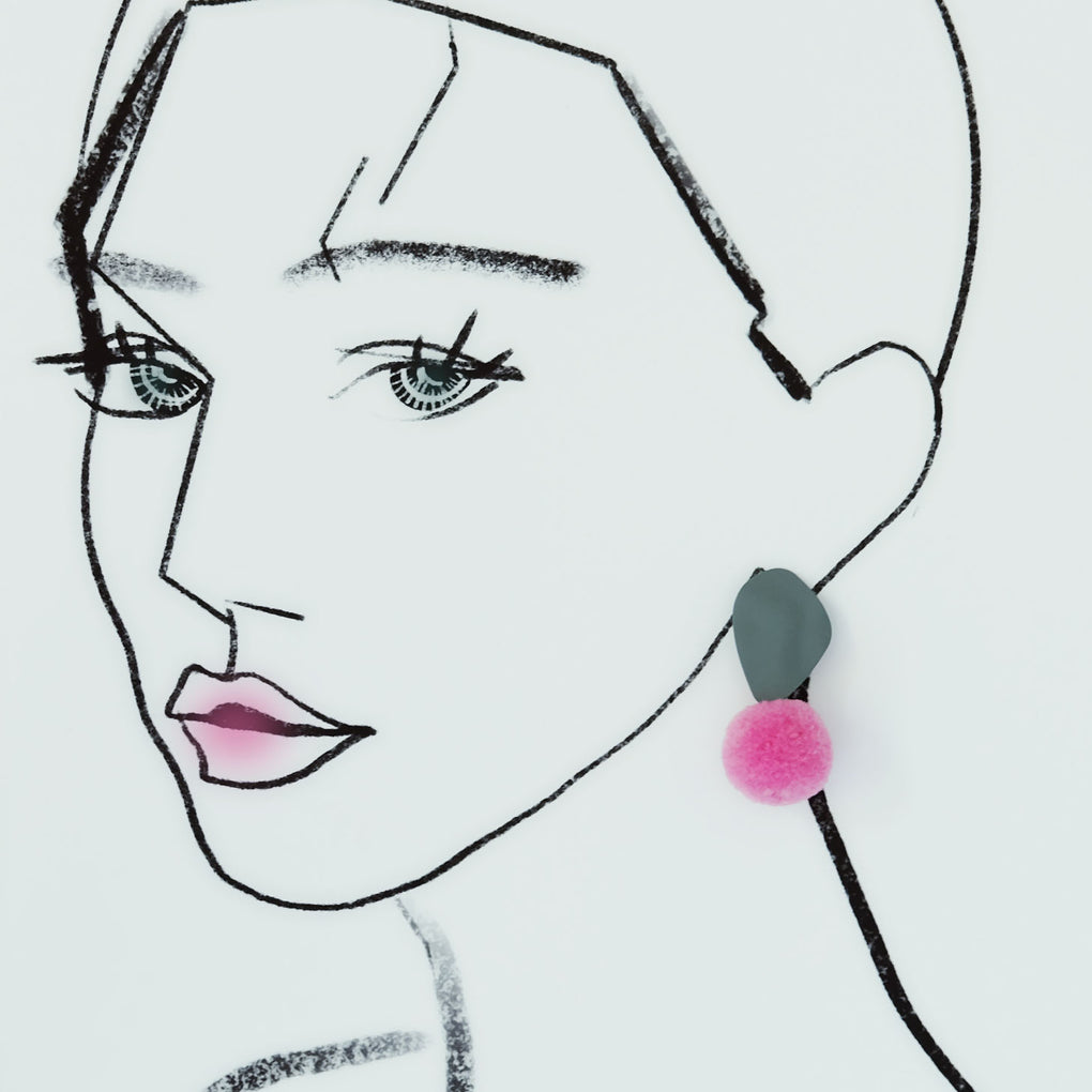 RAIN BRUSH STROKES SWEET PINK POMPOM GRAY STUD EARRINGS