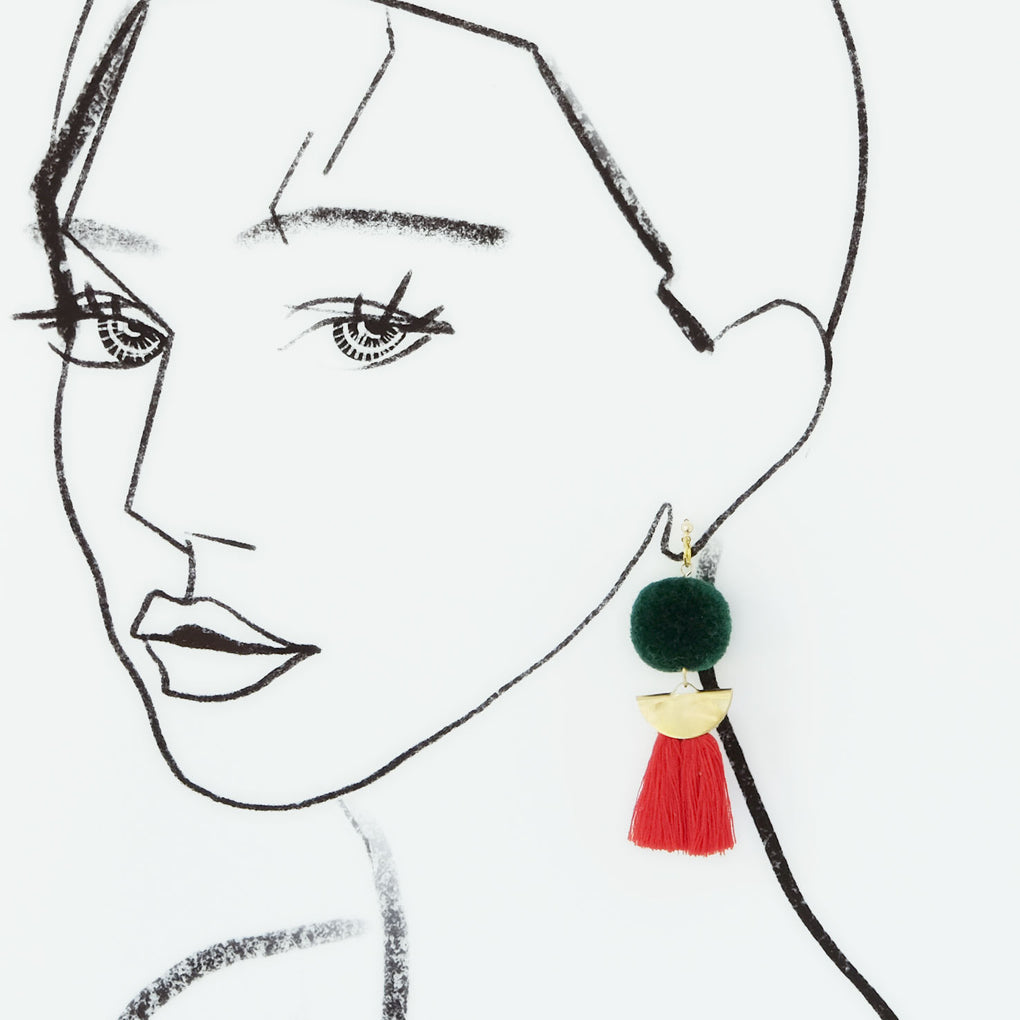 THE GREEN MOON POMPOM RED TASSEL 18K EARRINGS STUDS