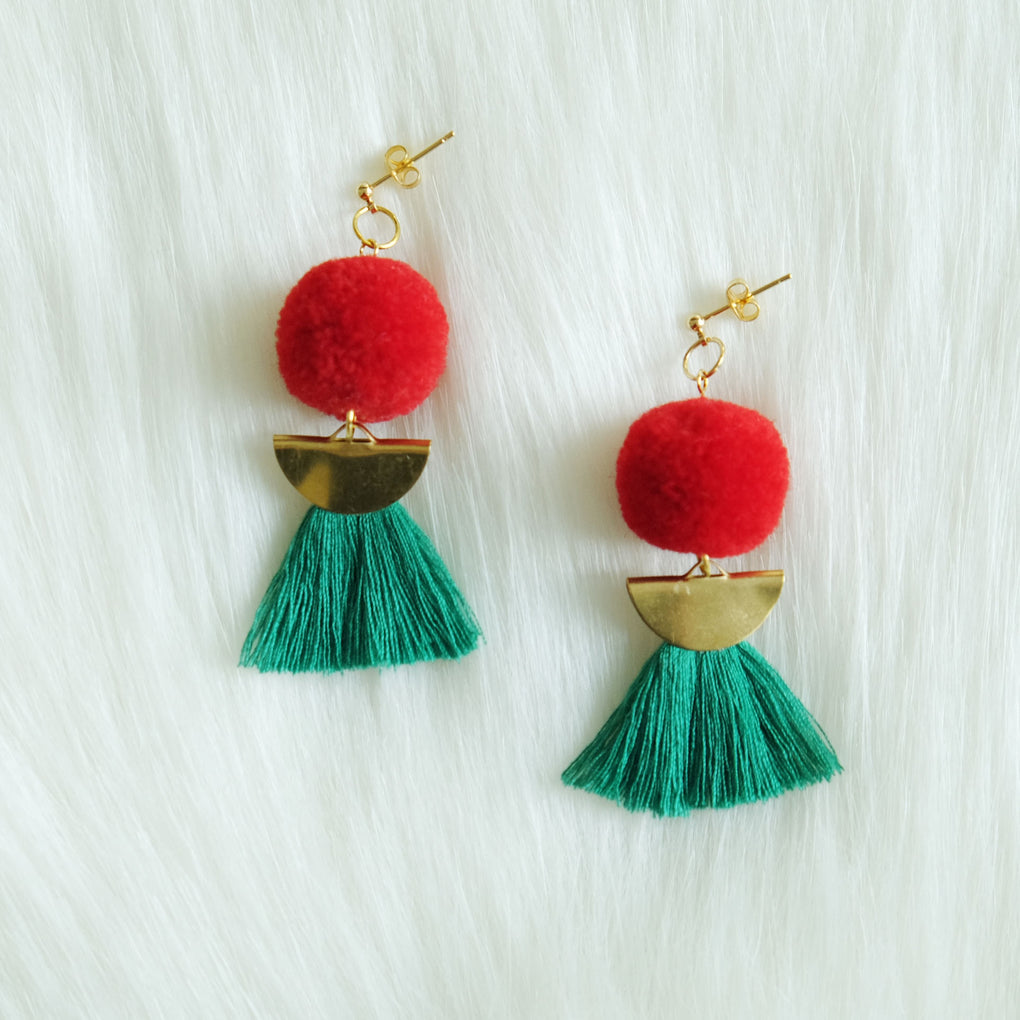 THE RED CHERRY POMPOM GREEN TASSEL DROP EARRINGS