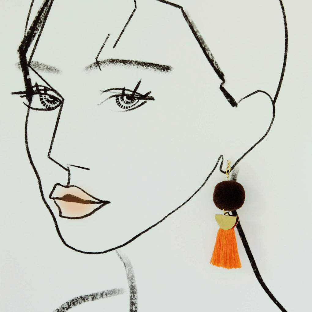 THE BROWN MOON POMPOM ORANGE TASSEL 18K EARRINGS STUDS
