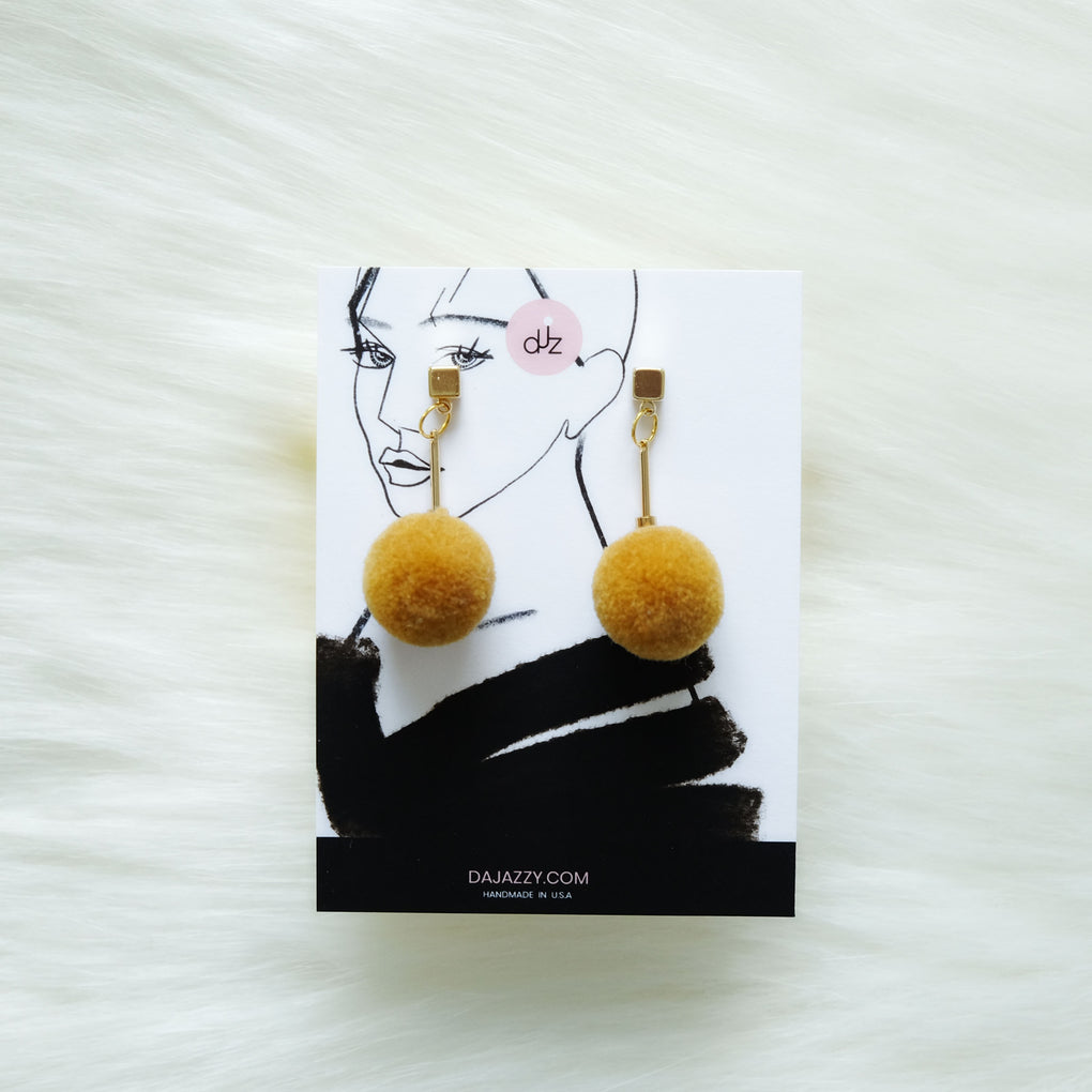 MUSTARD POMPOM 18K GOLD PLATED DROP EARRINGS