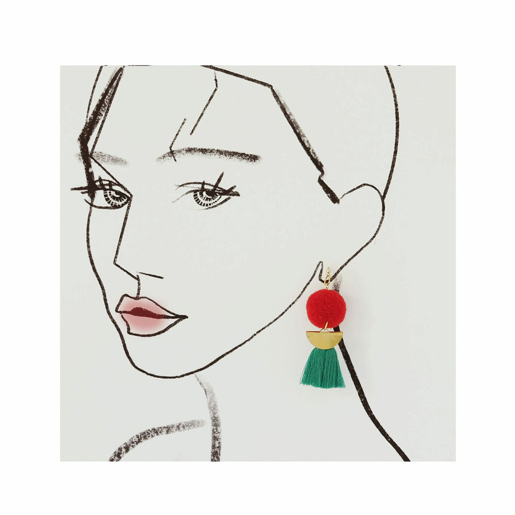 THE RED CHERRY POMPOM GREEN TASSEL DROP EARRINGS