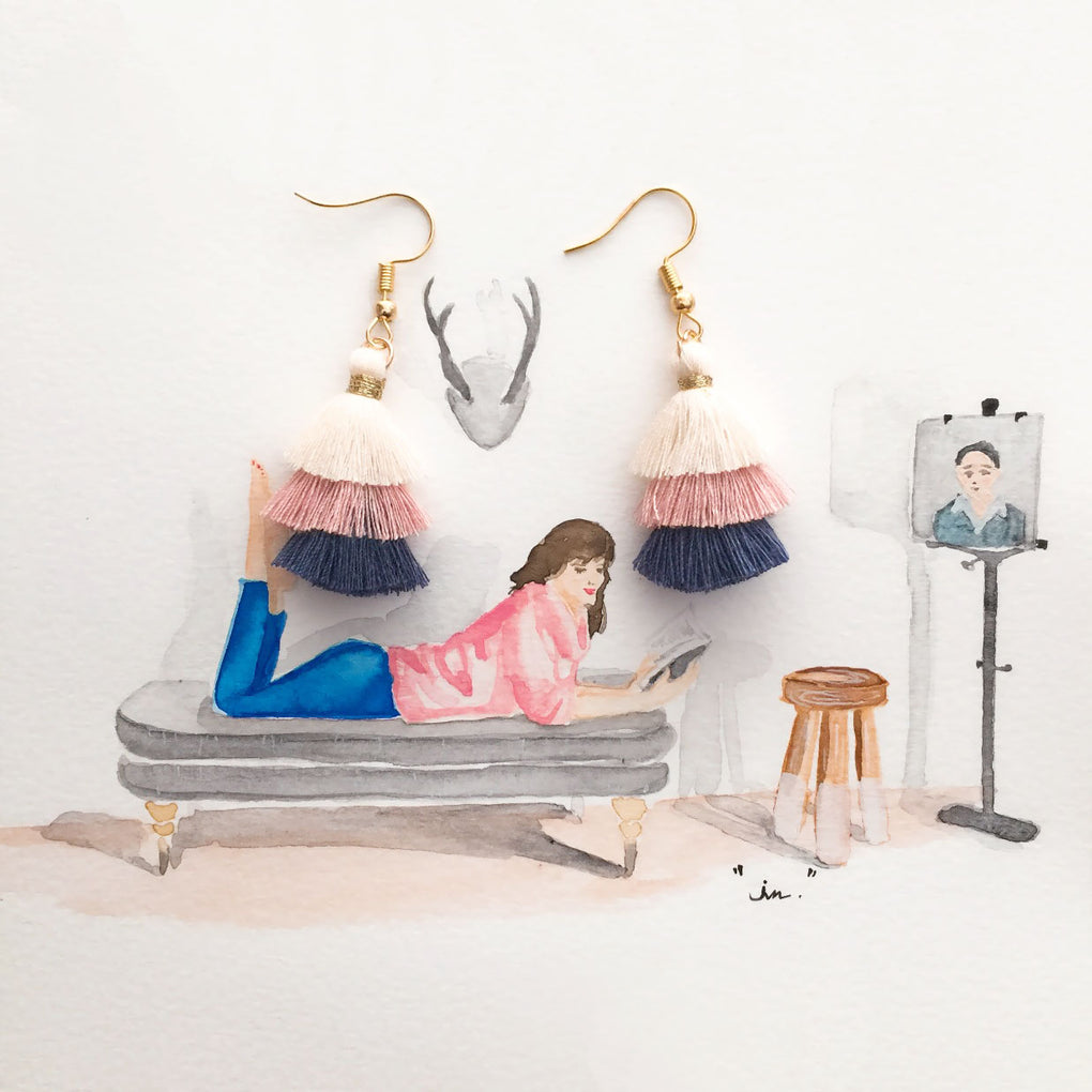 BEIGE LIGHT PINK INDIGO MINI TASSEL EARRINGS