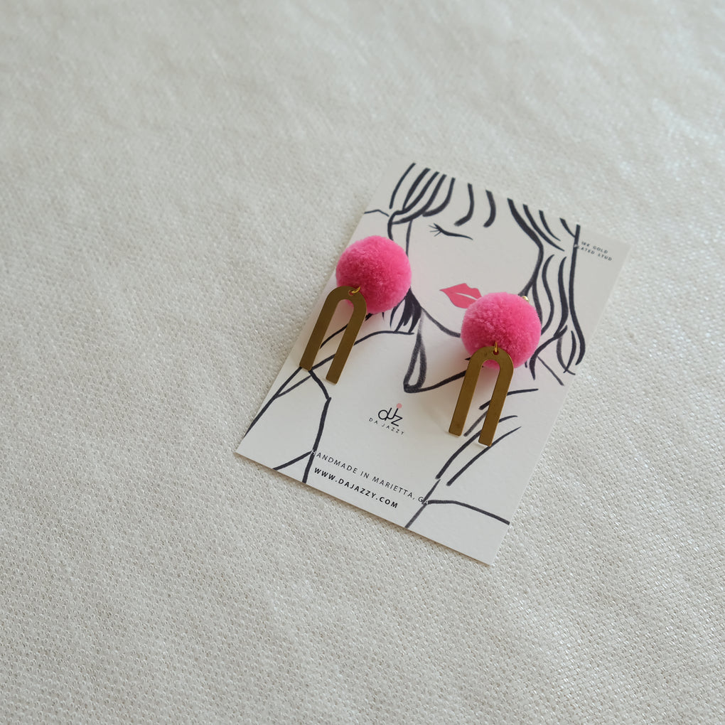 HOT PINK POMPOM GOLD RAINBOW EARRINGS STUDS