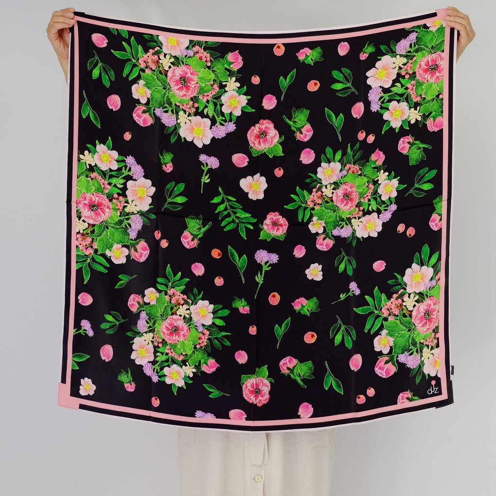 BOUQUET OF FLOWERS BLACK SQUARE SILK SCARF