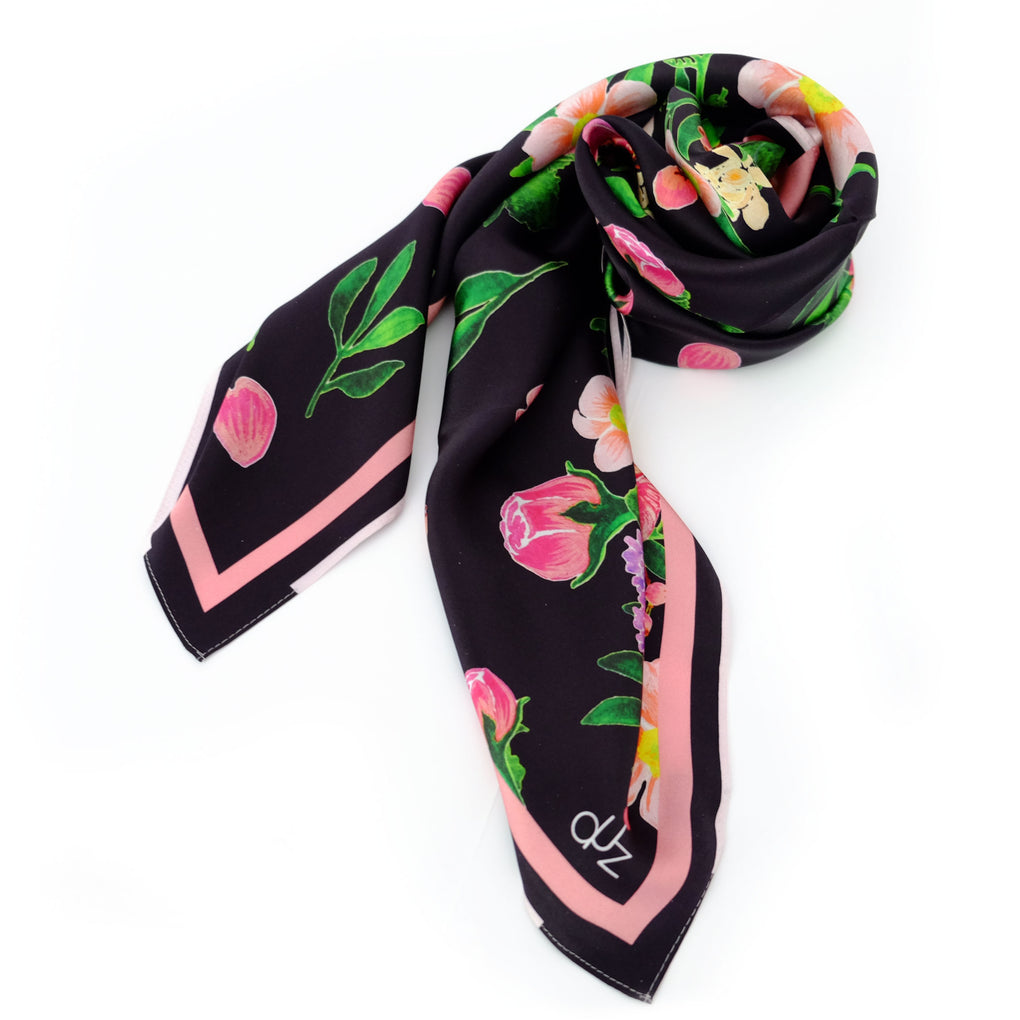 BOUQUET OF FLOWERS BLACK SQUARE SILK SCARF