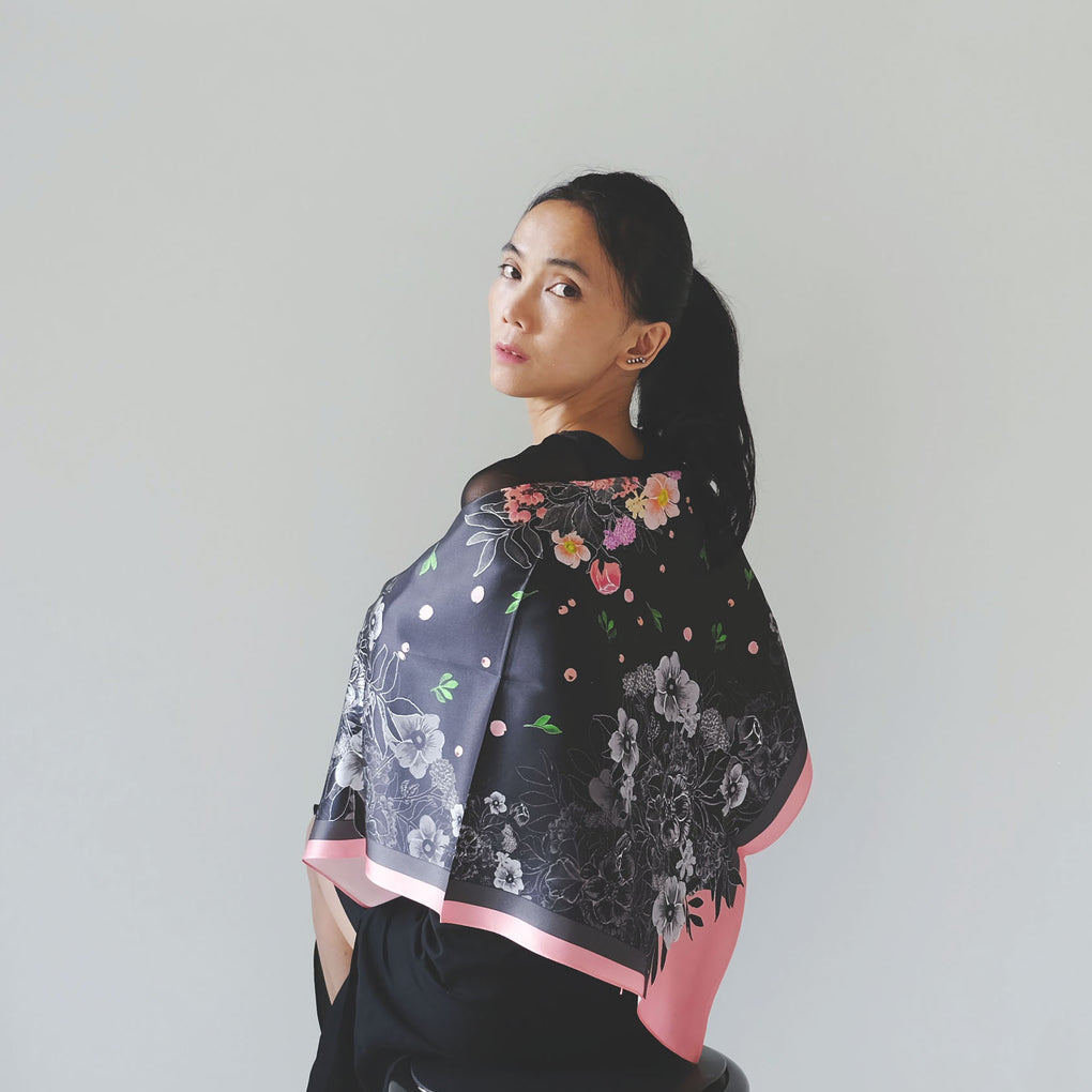 PINK BOUQUET OF FLOWERS BLACK SILK SQUARE SCARF